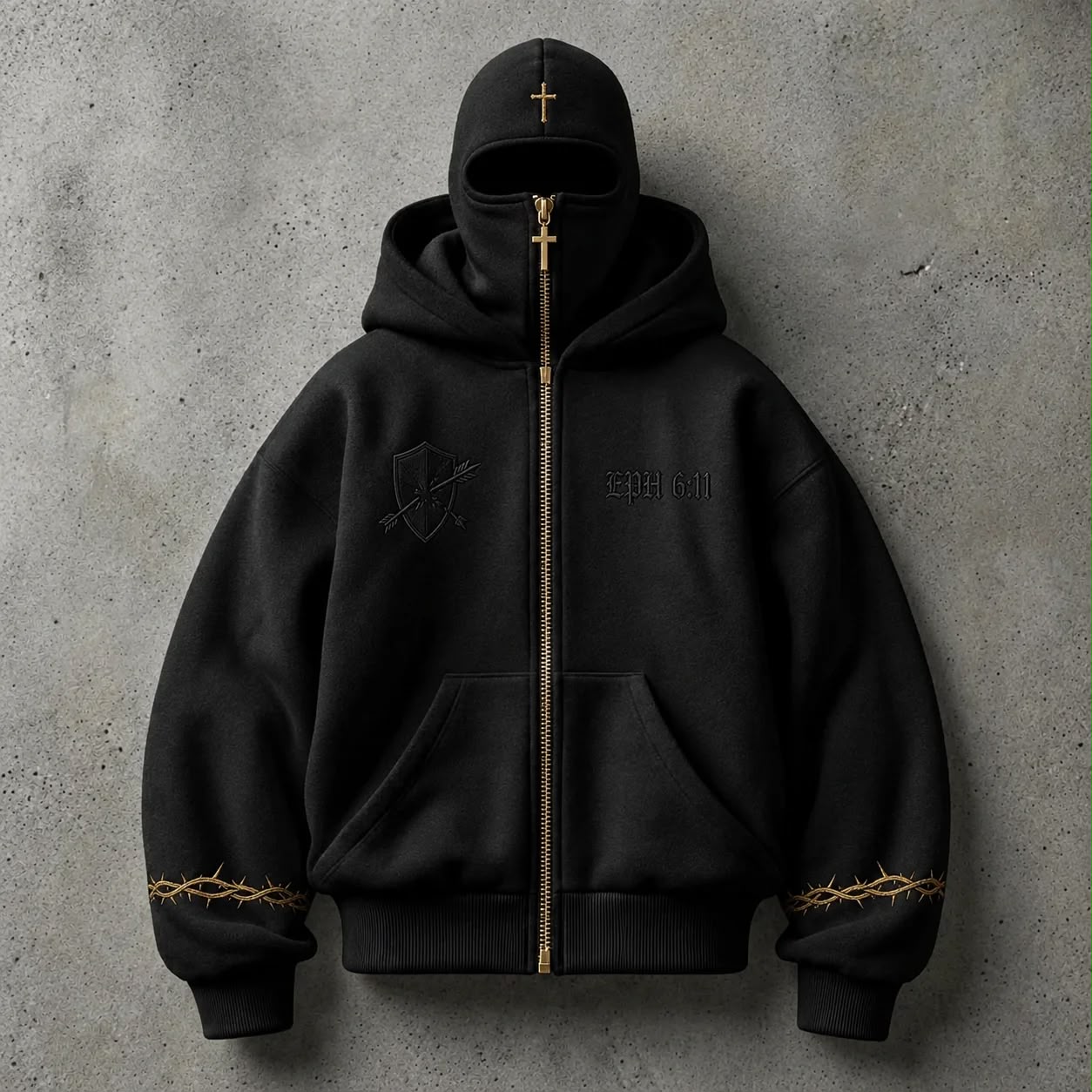 Velthrone Full-Zip Hoodie in Black with gold zipper, cross, shield and EPH 6:11 embroidery