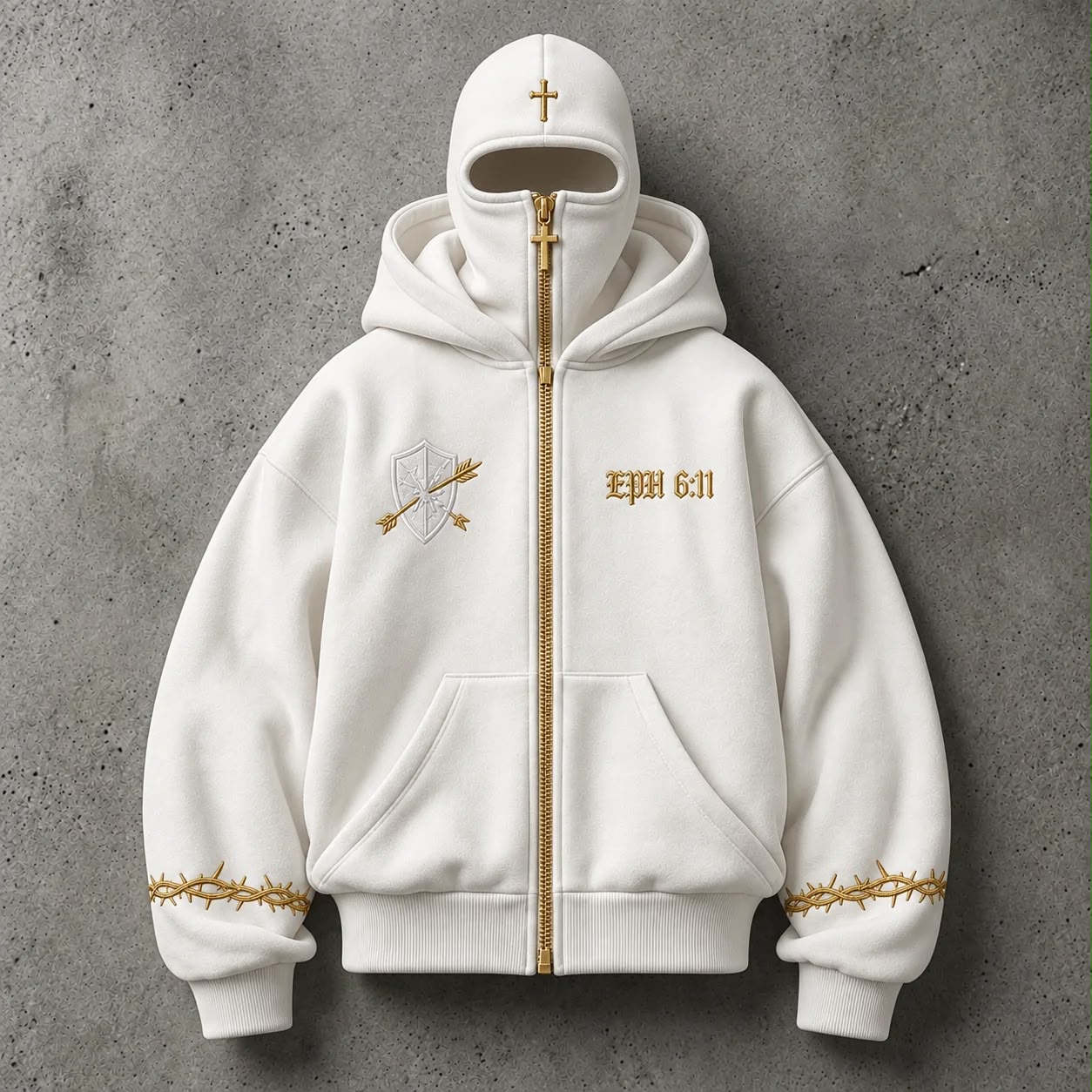 Velthrone Full-Zip Hoodie in White with gold zipper, cross, shield and EPH 6:11 embroidery